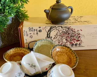Mini Asian Tea Set Gift Box Pot Cup Japanese Chinese Calligraphy Script Porcelain Pottery Folk Traditional Gong Fu Cha Art Kitchen Decor