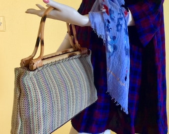 Bolso retro de tela tejida a mano con asas de madera, de bambú, para playa, de verano, estilo étnico, estilo pata de gallo tropical, estilo vintage, diseño de canasta rara, bolso rectangular