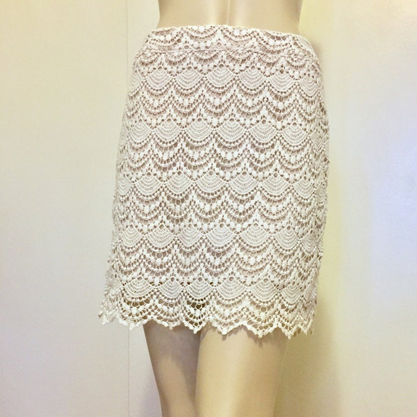 Ivory Lace Crochet Mini Pencil Skirt Crochet Wedding Classic Graduation Sweet 16 Bat Mitzvah Birthday Scalloped Hemline Fan Cut Design Boho