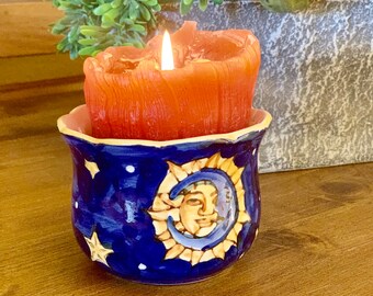 Celestial Sun Moon Stars Bowl Ceramic Candle Holder Cup Dish Container Zodiac Yoga Gift Psychedelic Art Zen Decor Altar Meditation Day Night