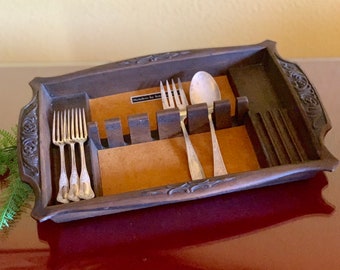 Carved Wood Flatware Tray Large Sectional Cutlery Vintage Caddy Kitchen Old Organizer Storage Box Jewelry Holder Powder Room Vanity Decor