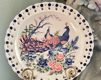 Peacock Platter Floral Japan Plate Bird Ceramic Large Round Dish Serving Lace Peafowl Asian Wall Decor Shelf Bouquet Nature Blossom Romance