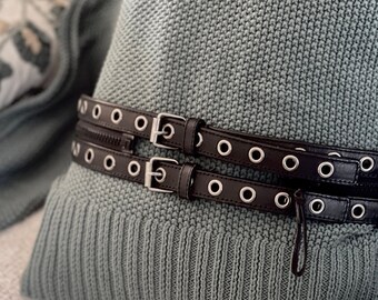 Black Studded Belt Zipper Wide 2 Layer Genuine Leather