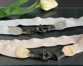 Cinturón elástico BCBG con hebilla de metal, estilo retro de los años 70, para mujer, accesorio para festivales, disfraces de verano, vestido, falda, gris, beige, talla M y L
