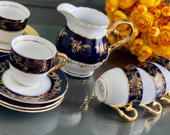 Cobalt Blue Coffee Cups Czech Porcelain Demitasse Creamer Serving