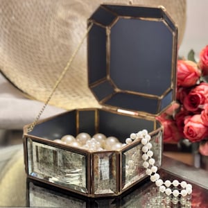 Mirrored Glass Box Hinged Jewelry Antiqued Display Rustic Mirror Faceted Glass Casket Trinket Wedding Decor Bride Vanity Anniversary Gift