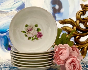Victorian Roses Plates Tea Serving Dessert Set 1960 Porcelain Appetizer Bowls Cottage Kitchen Decor Vanity Ceramic Dish Country Wedding Gift