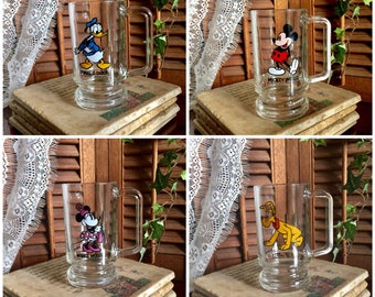 Disney Clear Glass Stein Mugs 70s Vintage Classic Cartoon Mickey and Friends Minnie Pluto Donald Duck Coffee Cups Tea Kid Gift Retro Kitchen