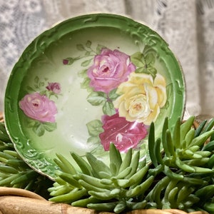 Antique Rose Bouquet Bowl Green Porcelain 1800 Handpainted Floral Art Candy Dish European Garden Decor Victorian Wedding Cottage Table Decor