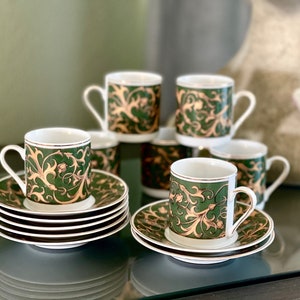 French Espresso Coffee Cups Porcelain Demitasse Gold Leaf Acanthus Medieval Art Design Green Kitchen Shelf Display Breakfast Shabby Chic