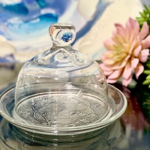 Dome Butter Dish Floral Etched Clear Glass 1950s Princess House Heritage Cheese Cloche Breakfast Covered Tray Vintage Appetizer Wedding Gift