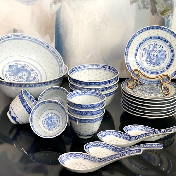 Asian Rice Grain Porcelain Dragon Blue Bowl Cup Dining Set Chinese Kitchen Japanese Art Folk Traditional Serving Sushi Bar Ethnic Pattern