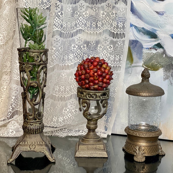 Rustic Metal Footed Vase Antique Ornate Tall Cone Art Glass Victorian Wedding Candleholder Hurricane Bridal Gift Vanity Decor Centerpiece