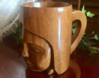 Face Mug Carved Wood Cup Asian Art Philippines Women Polynesian Desk Decor Office Pencil Holder Gift Girl Tropical Island Beach Midcentury