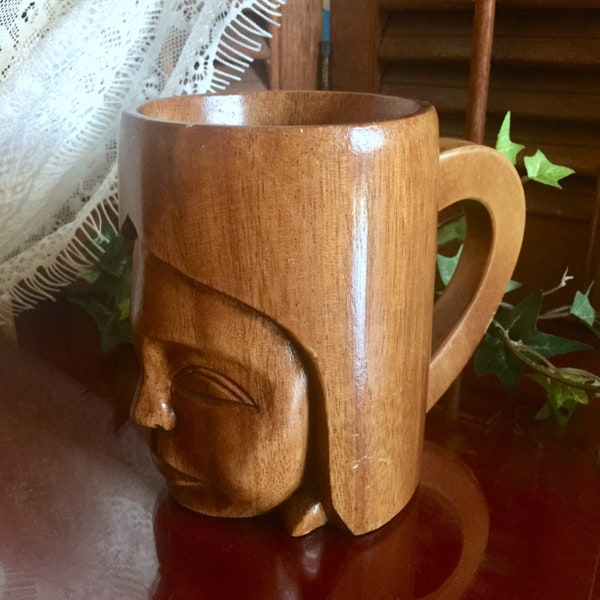 Face Mug Carved Wood Cup Asian Art Philippines Women Polynesian Desk Decor Office Pencil Holder Gift Girl Tropical Island Beach Midcentury