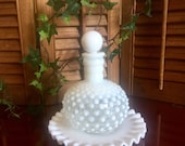 Princess Hobnail Vanity Bottle White Glass Perfume Ruffled Tray Lace Stopper Cap Essential Oils Wedding Bathroom Art Decor Fenton 1940s Jar