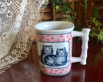 Cats Square Coffee Mug Rare Kittens Geometric Porcelain Pet Lovers Rare Tea Cup Novelty Mom Grandma Valentine Girlfriend Boyfriend Gift Pink