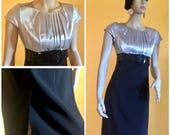 Metallic Silver Pencil Dress Retro Flapper Pleated Bodice Fitted 1940s Evening Black Cocktail Party Formal Graduation Sweet 16 Patent Belt