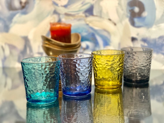 Retro Tumblers Color Glass Textured Drinkware Set Mixed Cocktail Party  Beach Beverage Serving Votive Candleholder Midcentury Bar Kitchen 