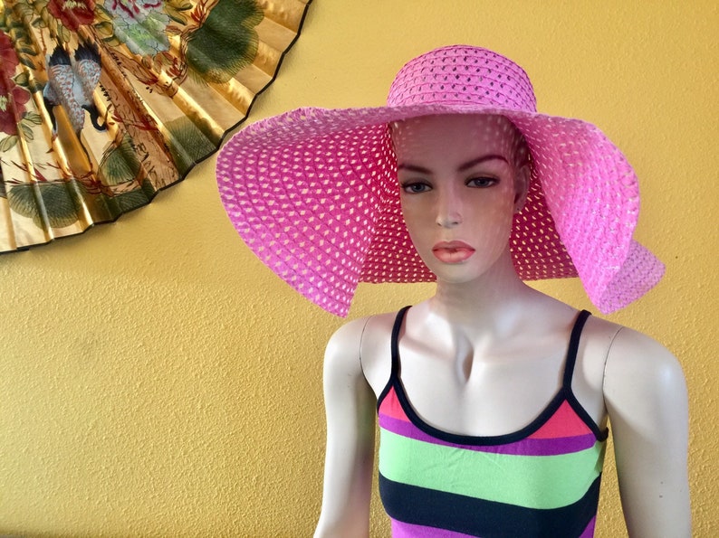 Wide Brim Floppy Sun Hat Faux Straw Blue Woven Crochet Pink Foldable Summer Vacation Traveler Picnic Beach Retro Wedding Cocktail Birthday