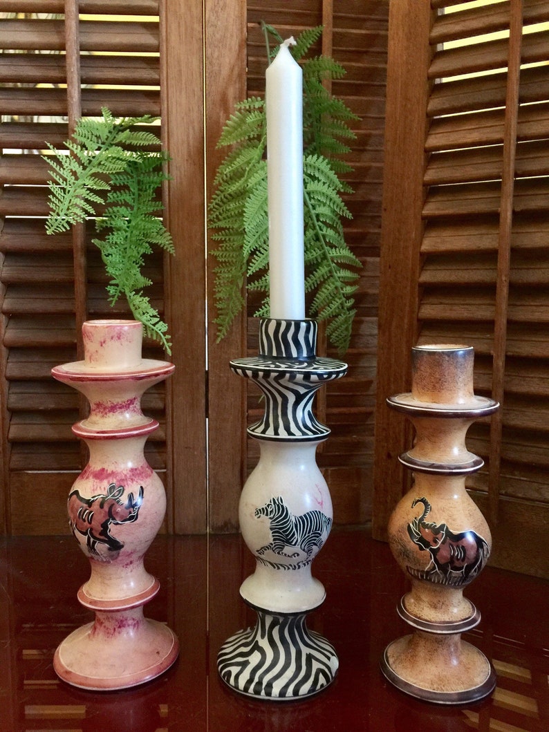 Safari Animals Stone Taper Candleholder Ethnic Tropical Rainforest Lion Zebra Elephant Wedding Gift Bridal Vanity Decor African Soapstone Ball /ELEPHANT/Brown