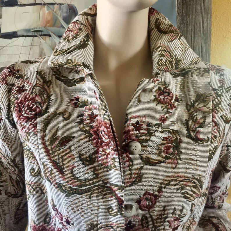 Pink Roses Tapestry Coat Floral Brocade Ivory Green Retro - Etsy