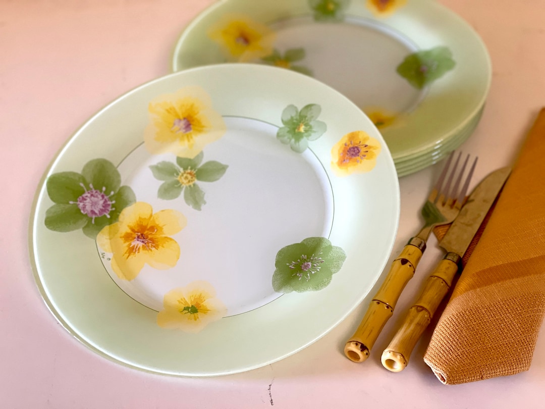Yellow Flowers Glass Dinner Plates Marc Palluy Green Floral