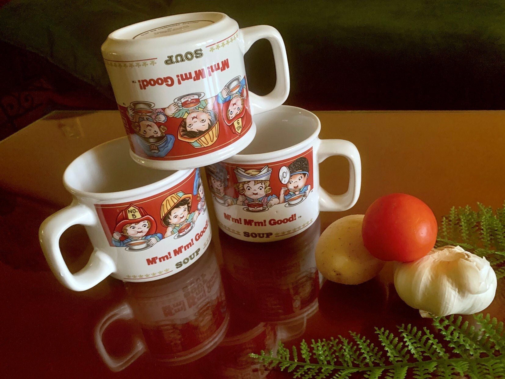 CAMPBELL 1990 SOUP KIDS MUGS RED & WHITE SET OF 4 CHILDREN COOKING