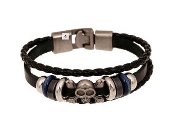 Skull Bracelet Men Genuine Leather Halloween Metal Links Black Cowhide Braided Masculine Wristband Steampunk Gift Unisex Macabre Jewelry