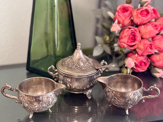 Silverplated Creamer Sugar Bowl Jam Serving Glass Dish Footed Victorian Condiment Set Tea Party Milk Pitcher Scroll Handles Bed Breakfast