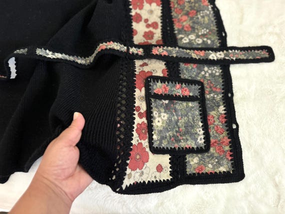 Black Knit Buttoned Jacket Patchwork Suede Floral… - image 6