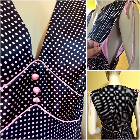 Polka Dot Silk Dress Retro Black Pink Buttoned Fi… - image 3