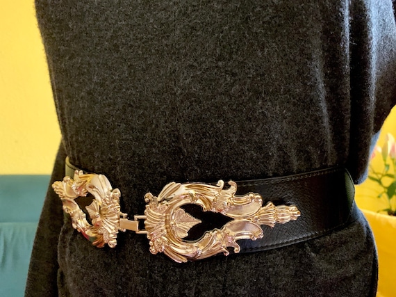 Wide Waist Elastic Belt Gold Metal Ornate Leaf Buckle Stud  display picture 2
