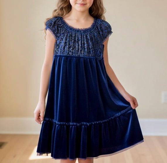 Ink Blue Cobalt Velvet Flower Girl Dress Flapper 20s Mesh Ruffled 12 year Birthday Christmas Party Formal Evening Gown Teen Hanukkah Cheetah