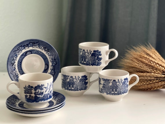 Churchill Angleterre tasses à thé Set 4 tasses Blue Willow Porcelain Transferware Nature Art Paysage Asiatique Pagode Café servant un cadeau bouddhiste - France