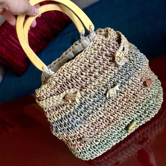 Safari Straw Purse Basket Weaved Animal Wooden Ha… - image 1