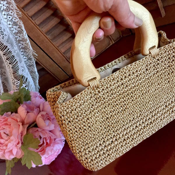 Macrame Mini Tote Bag Wooden Handles Purse Hand Woven Basket Weaved Rare European Fashion Vintage KAHLER Crochet Retro Handbag Natural Beige