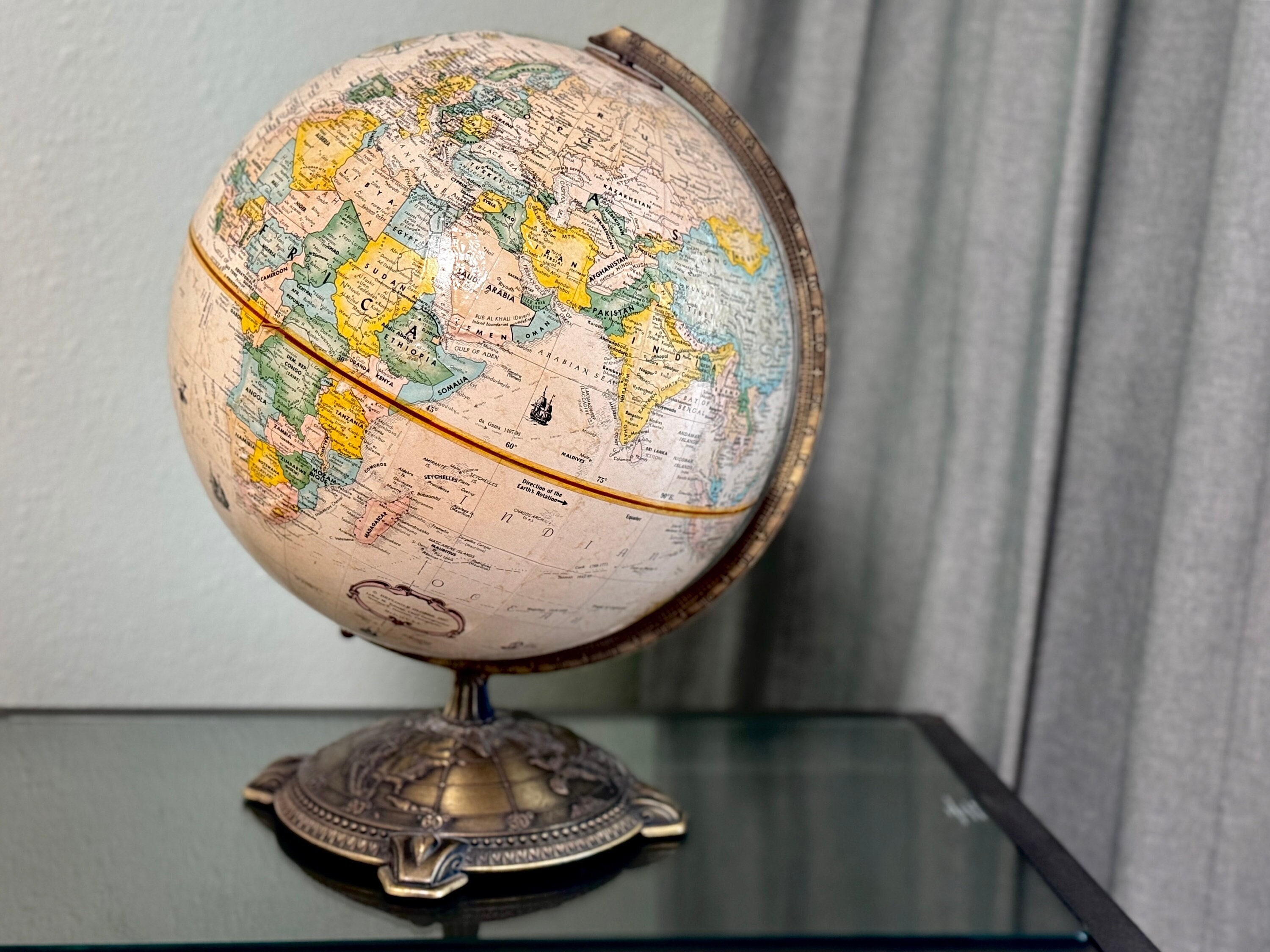 Earth Globe Old World Spinning Bronze Metal Stand Office Desk