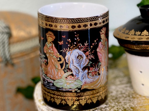 Tasse à thé avec passoire et couvercle, style Gzhel de Russie