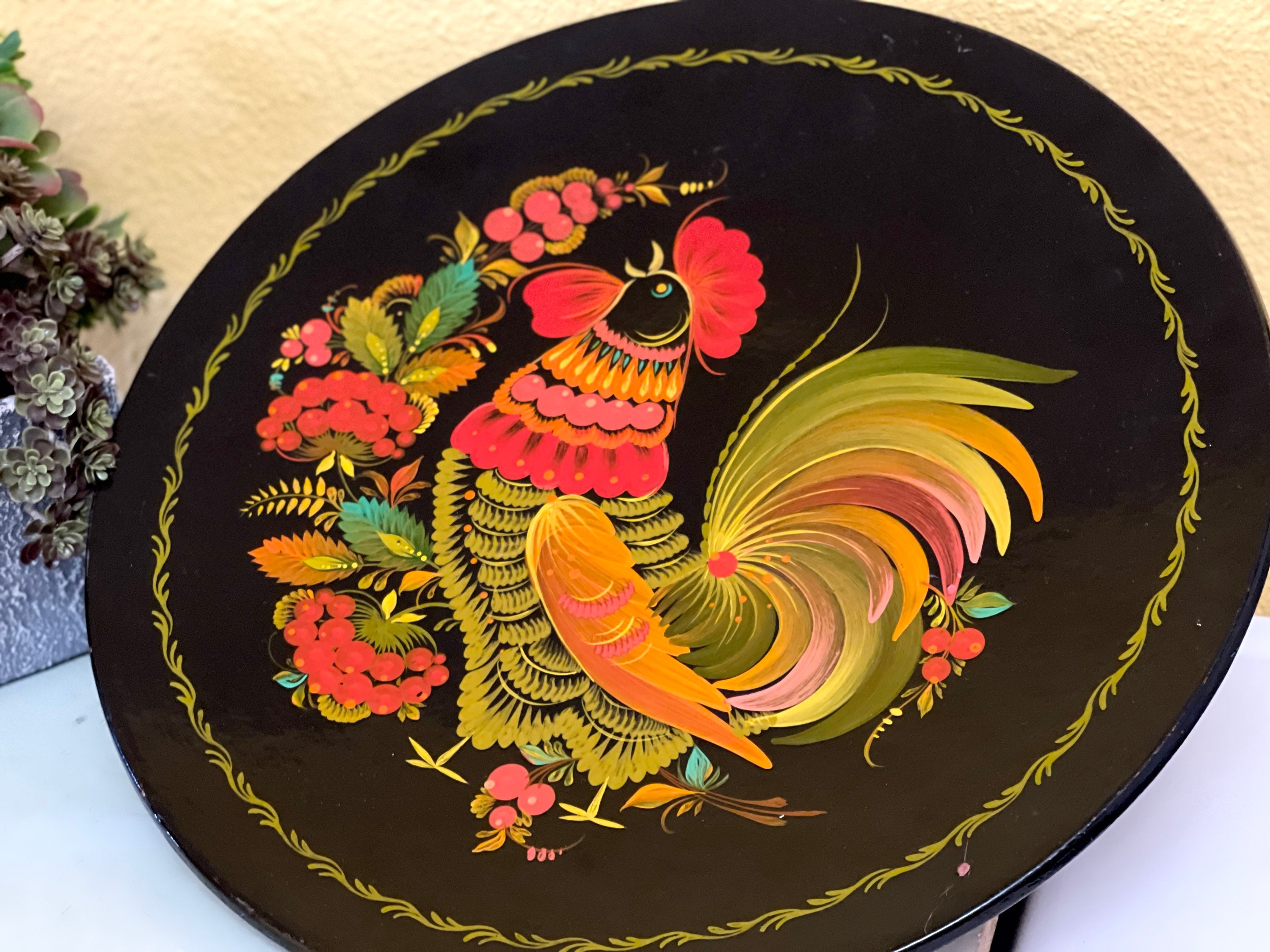 Rooster Wooden Tray Soviet Russian Plate Hand Painted Round