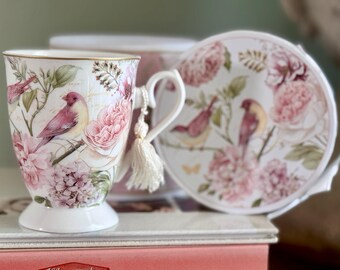 花柄の鳥マグカップ 箱入りギフト イングリッシュティーカップ 