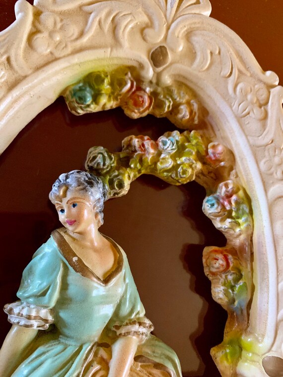 Victorian Couple Colonial Wall Hanging Art Chalkware Rococo Pastel