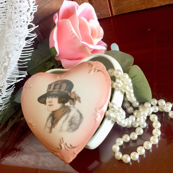 Flapper Girl Porcelain Heart Box Trinket Jewelry Proposal Ring Victorian Lady Portrait 1920s Fashion Keepsake Vanity Decor Container Dish