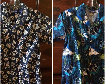 Hawaiian Floral Cotton Toddler Boy Shirt Sailor Beach Blue Washed Denim Summer Camp Vacation Birthday Button Down Collar Swim Retro 90s Top