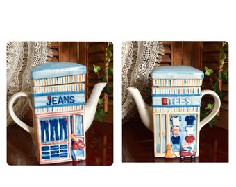 Boutique Shop Novelty Tea Pot Ceramic Store Whimsical Pitcher Collectible Retro Kitchen Decor Alice in Wonderland Tea Party Window Shopping