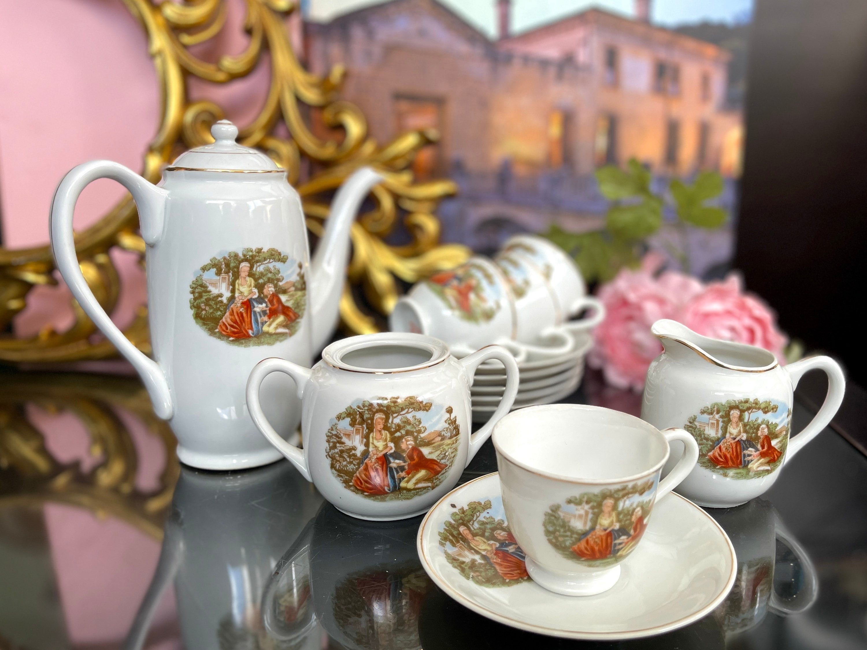 Victorian Porcelain Tea Set Fragonard Courting Couple Neoclassical