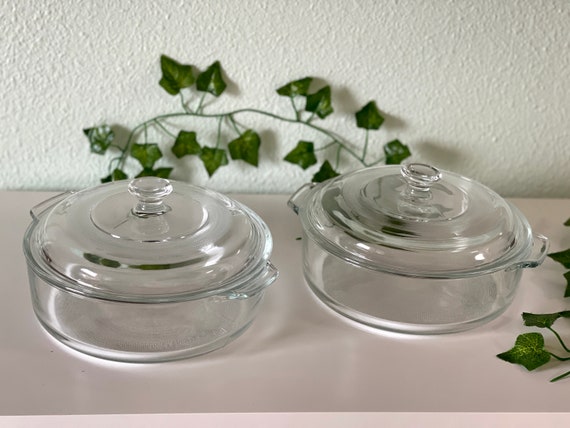 Clear Glass Casserole Covered Oven to Table Serving Bowl Lidded Baking  Round Farmhouse Soup Tureen Bakeware Gift Kitchen Cookware Midcentury 