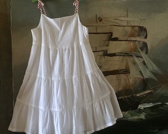 White Cotton Gauze Ruffled Dress Tiered Tank Top Girl Nautical Toddler Baptism Gown Formal Evening Beach Party Festival Ethnic Organic Gown