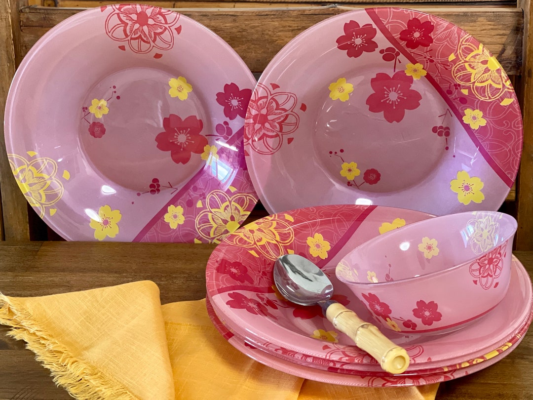 Pink Glass Plates Sakura Cherry Blossom Floral Dish Salad Bowl Dinner