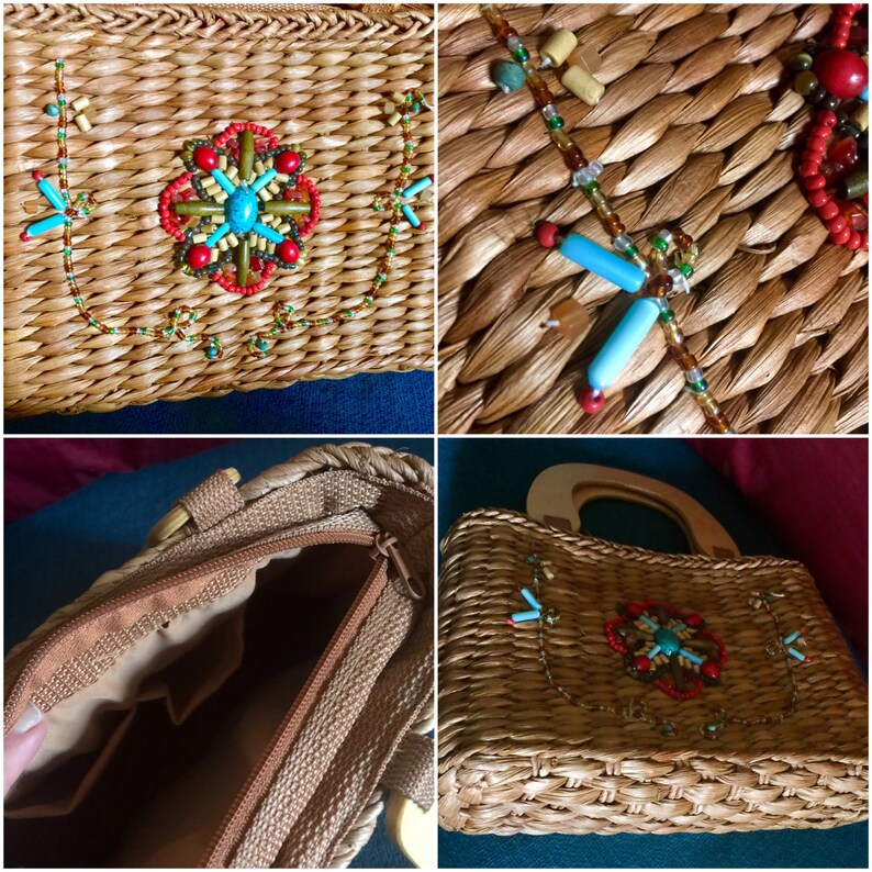 Retro Straw Purse Turquoise Red Beaded Basket Weaved Wooden | Etsy